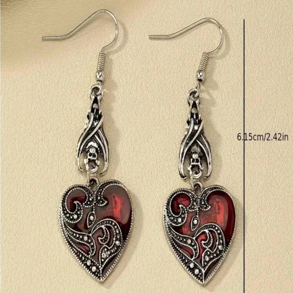 Elegant Silver and Red Heart Earrings - Picture 2 of 6